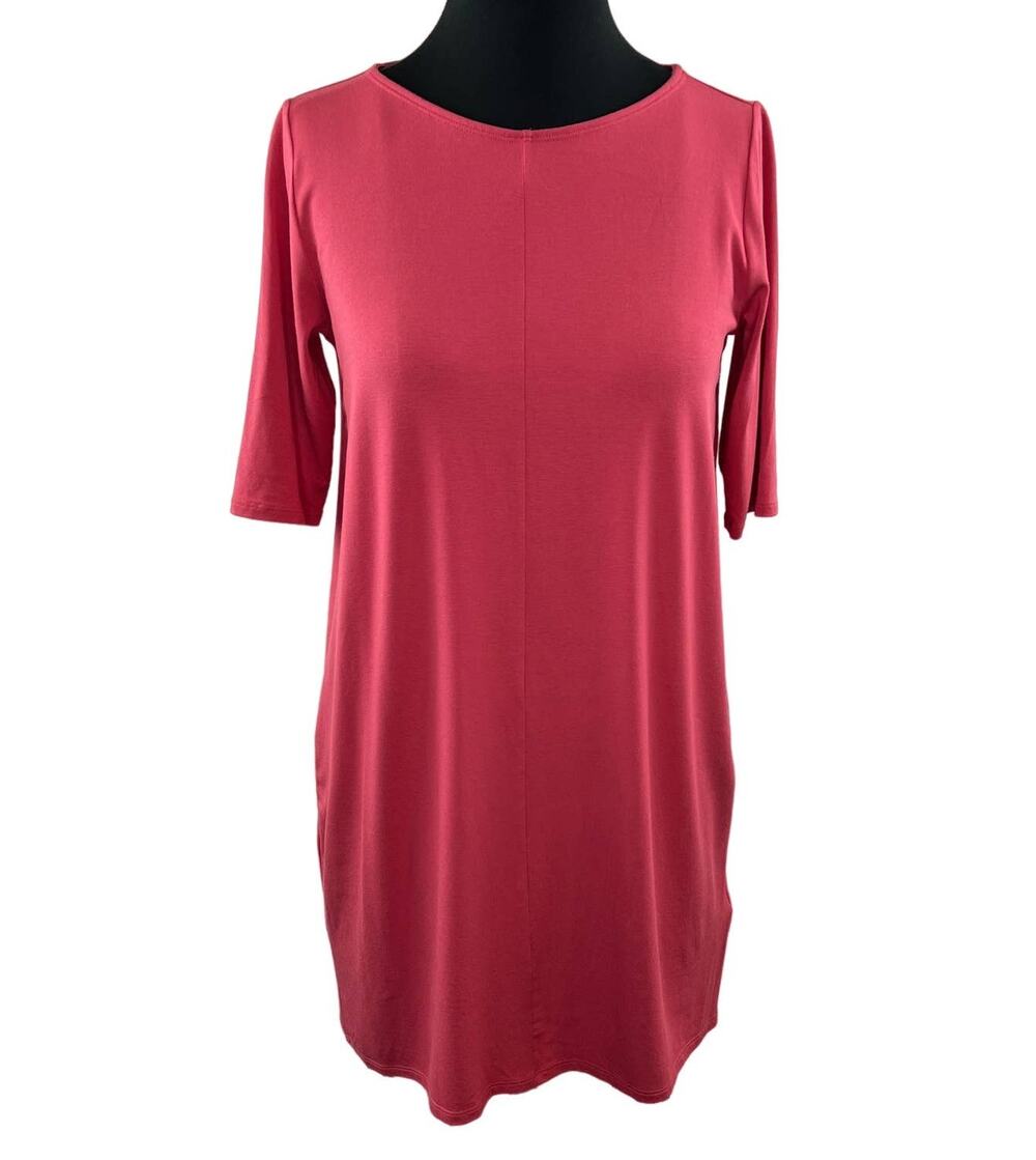 EILEEN FISHER French Rose Pink Viscose Jersey V-Neckline Shift Dress Size PS